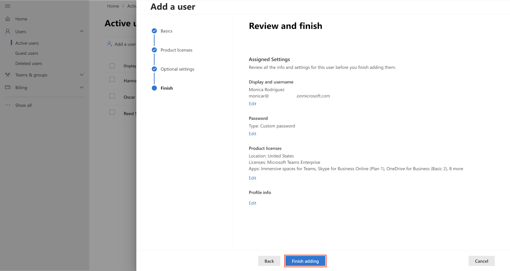 Screenshot of the Review and finish page, showing the finish adding a user process.