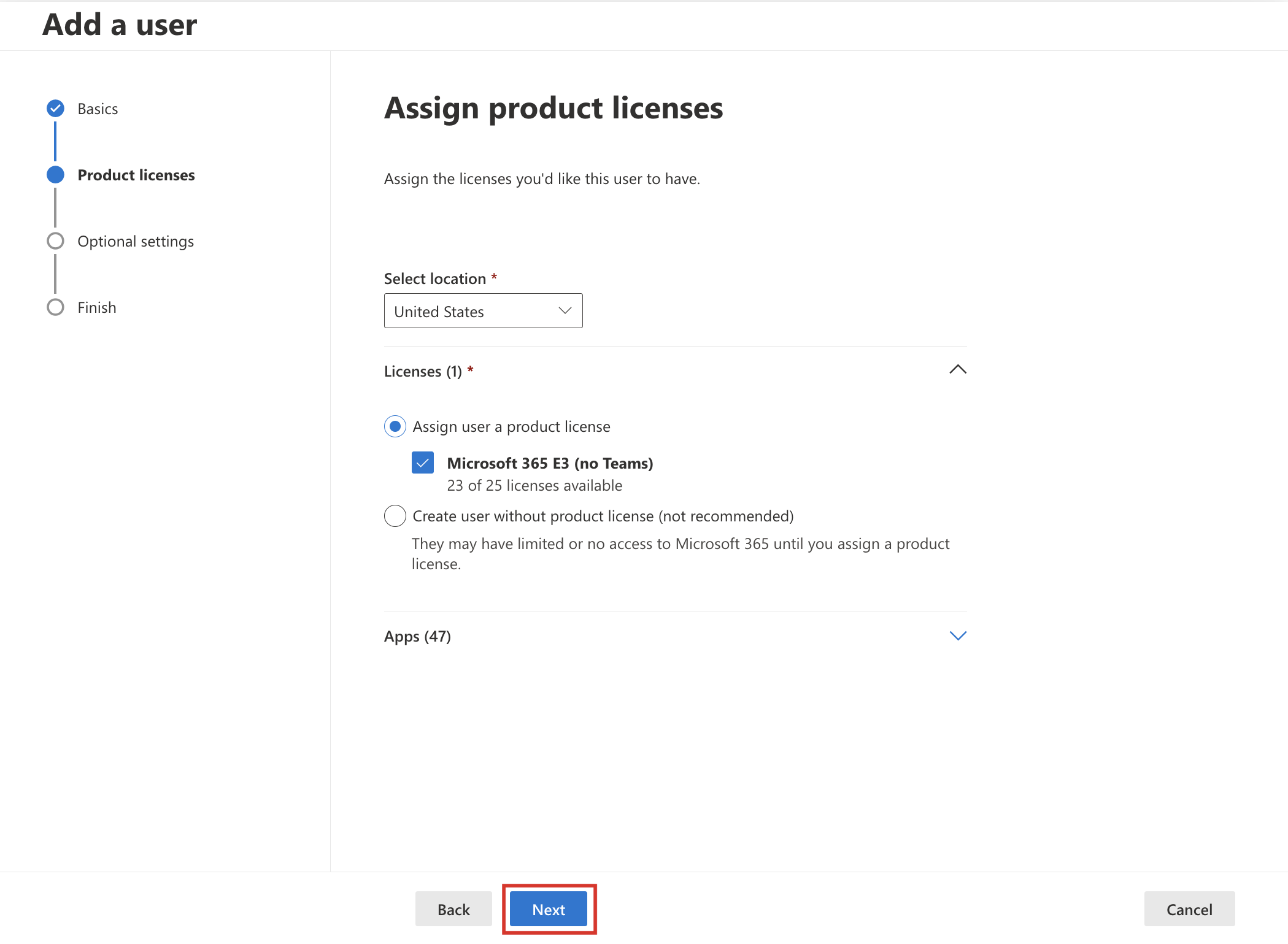 Screenshot of assigning the license.