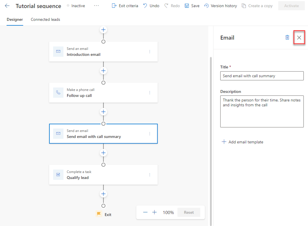 Screenshot of the close email properties button.