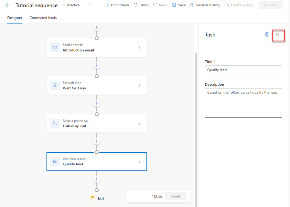 Screenshot of the close task properties button.