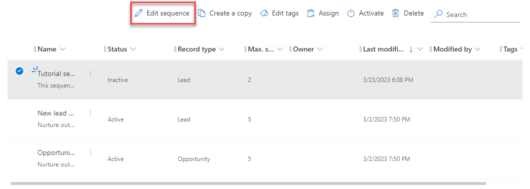 Screenshot showing the edit sequence button.