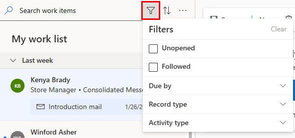 Screenshot of Work list filter options.