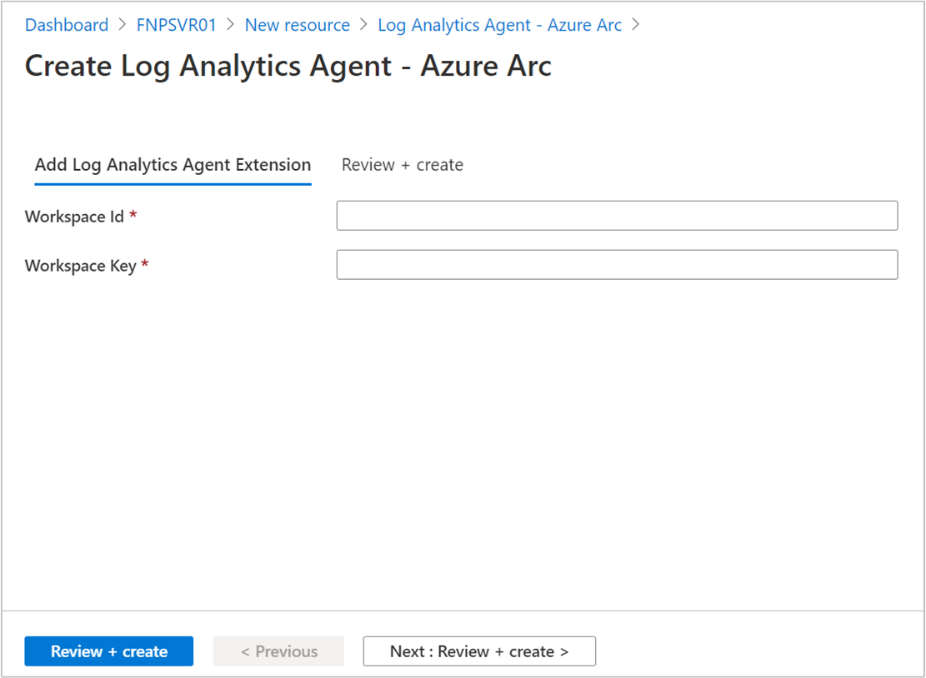 Screenshot of Log Analytics VM Extension configuration with the correct workspace details