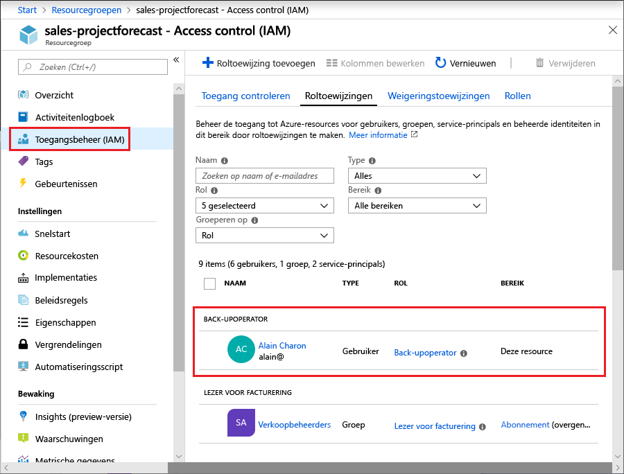 Screenshot of the Azure portal showing the Access control Role assignment pane with the Backup operator section highlighted.