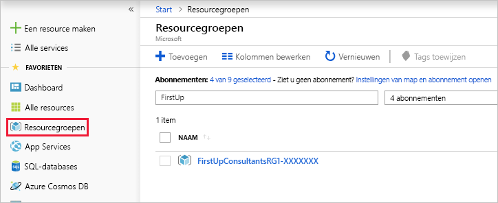 Screenshot of the Azure portal that shows how to search for resource groups.