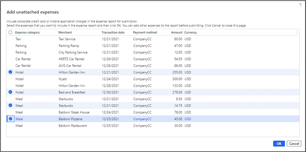 Screenshot of the unattached expenses in the Add unattached expenses page.
