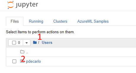 Een schermopname die laat zien hoe u naar de gebruikersmap in het Jupyter-exemplaar navigeert.