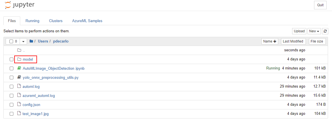 Een schermopname van de zojuist gemaakte modelmap in de Jupyter-werkruimte.