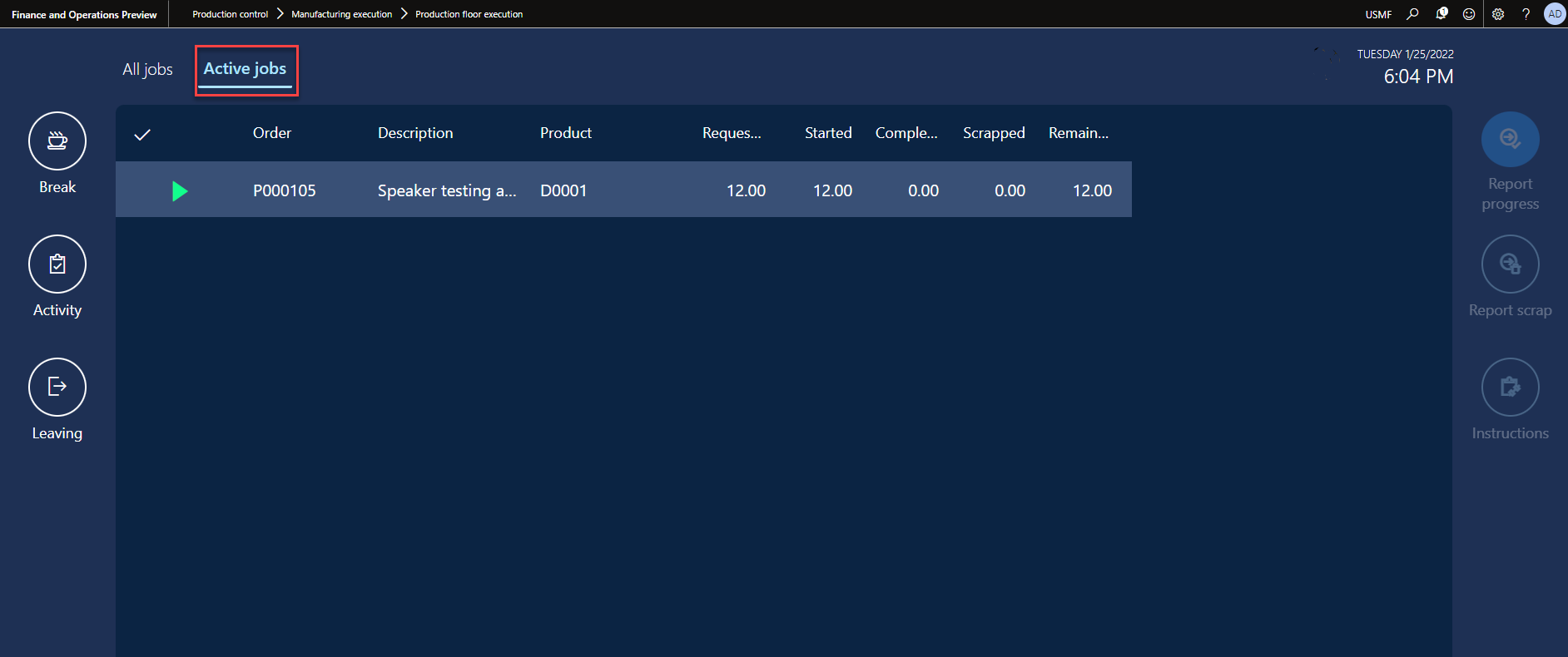 Screenshot of the Active jobs tab of the production floor interface.
