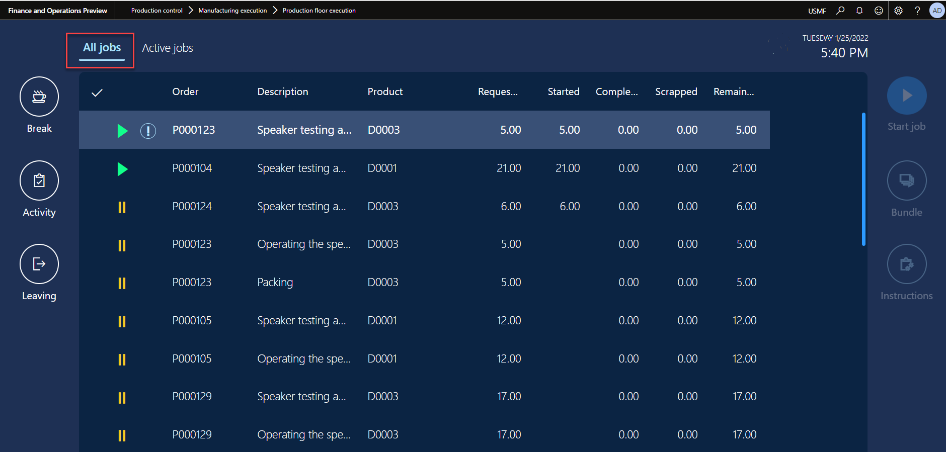 Screenshot of the All jobs tab of the production floor interface.