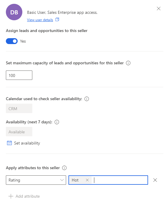 Screenshot showing the settings for a user.
