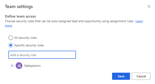 Screenshot of the Team settings dialog showing Define team access.