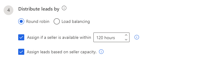 Screenshot of the Distribute leads by setting with the Assign leads based on seller capacity checkbox selected.