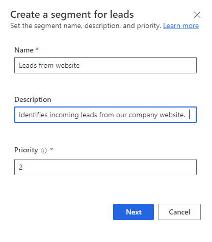 Screenshot of the Create a segment for leads dialog, showing details filled in.