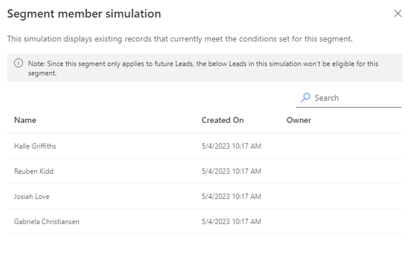 Screenshot of the segment simulation list.