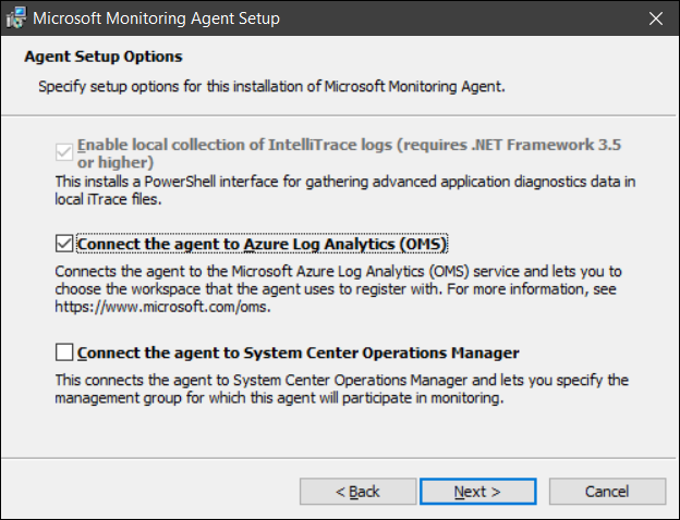 A screenshot of the Agent Setup Options page in the Microsoft Monitoring Agent Setup Wizard. The administrator has selected the Connect the agent to Azure Log Analytics (OMS) check box.