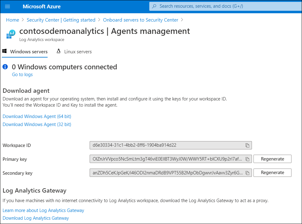 A screenshot of the Agents management blade in the Azure portal. Links are provided to download the Windows agents, and Workspace ID and keys are generated.