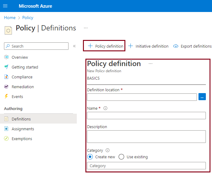Screenshot that shows how to add a new policy definition, and the option to import a sample policy definition from GitHub.