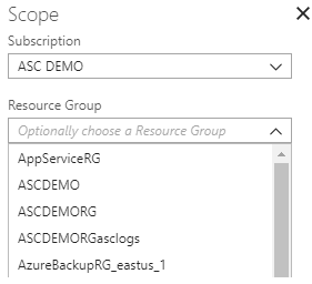Screenshot that shows how a scope is applied to a subscription, and optionally applied to a resource group.