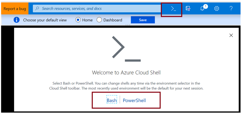 Schermopname van de Azure Portal met het Cloud Shell-pictogram.
