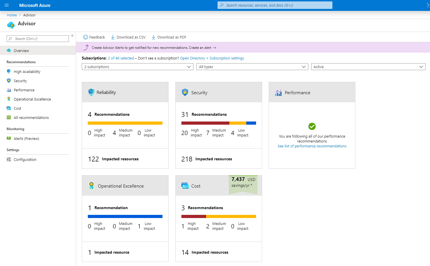 Schermopname van het Azure Advisor-dashboard met vakken voor de belangrijkste gebieden van aanbevelingen.