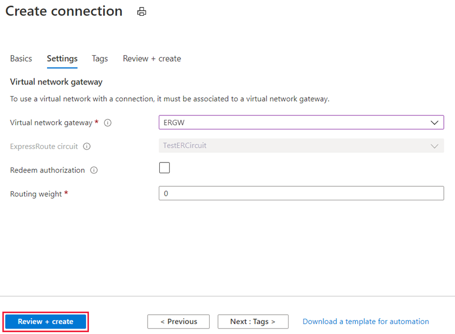 Azure portal - Create connection settings tab - specify ERGW virtual network gateway