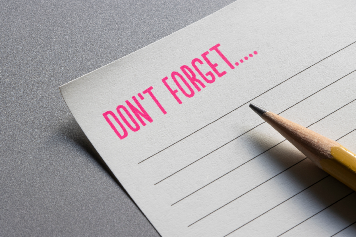 Afbeelding van een lijst met 'vergeet niet' bovenaan.
