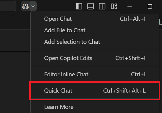 Schermopname die laat zien hoe u toegang hebt tot de snelle chat in Visual Studio Code.