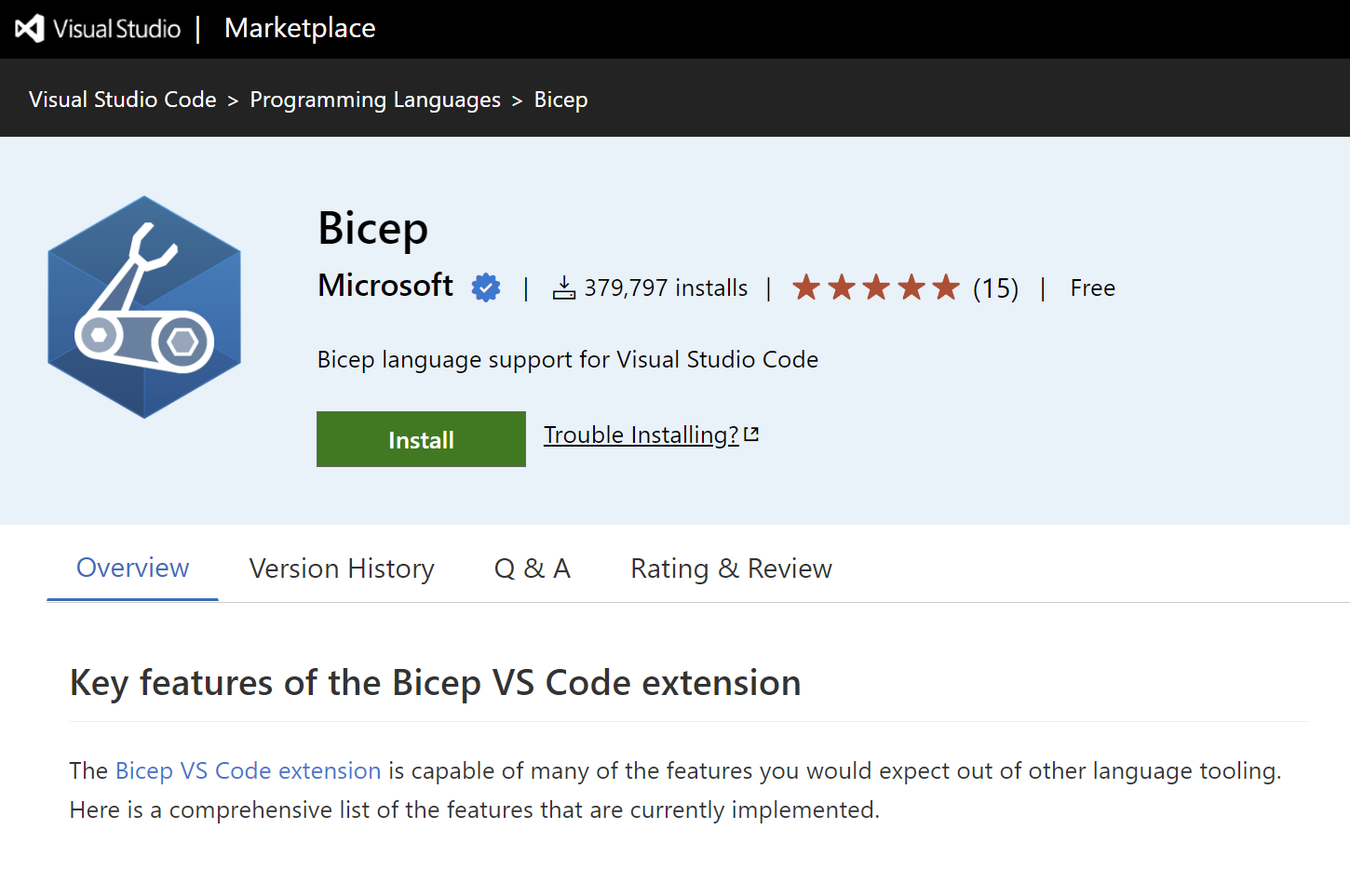 Schermopname van Bicep-extensie van VS Code Marketplace.