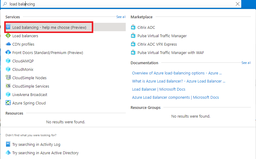 Azure portal screenshot of Load balancing - help me choose.