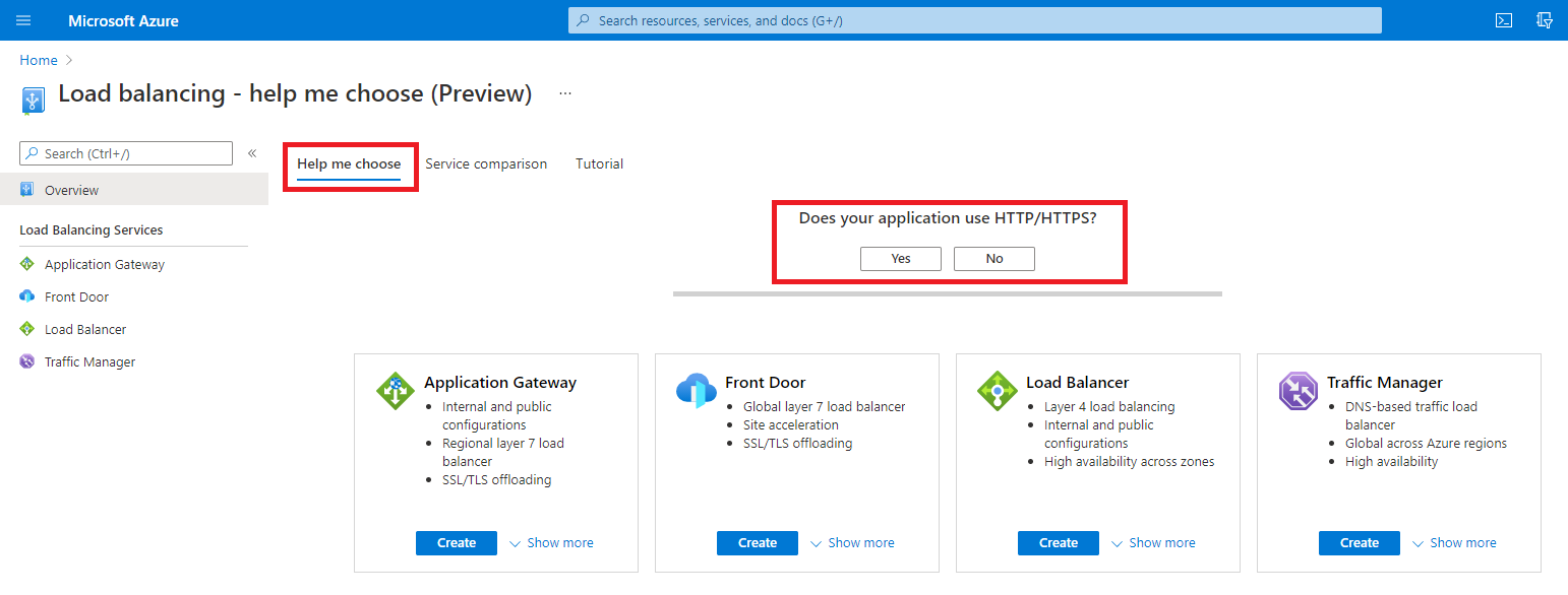 Azure portal screenshot load balancing help me choose.