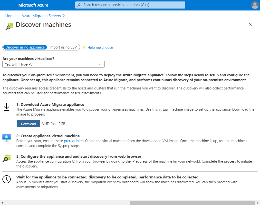 A screenshot of the Discover machines blade in Azure Migrate. At the prompt 