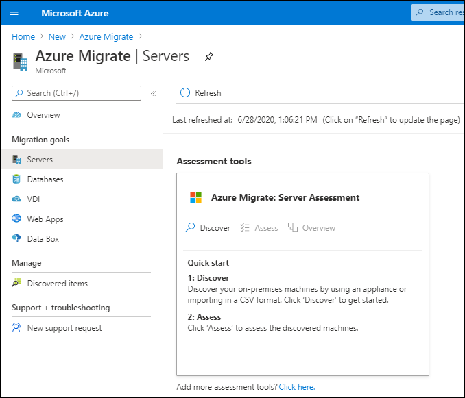 A screenshot of the Azure portal. The administrator has added Azure Migrate and selected the Azure Migrate: Server Assessment tool.