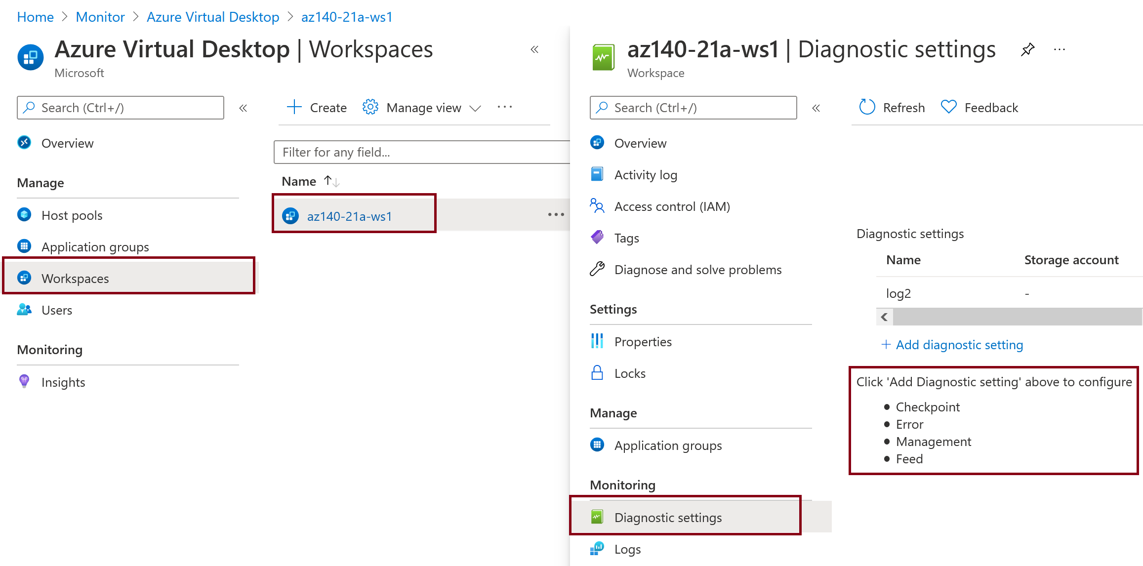 Image showing how to set up workspace diagnostics using the resource diagnostic settings section.