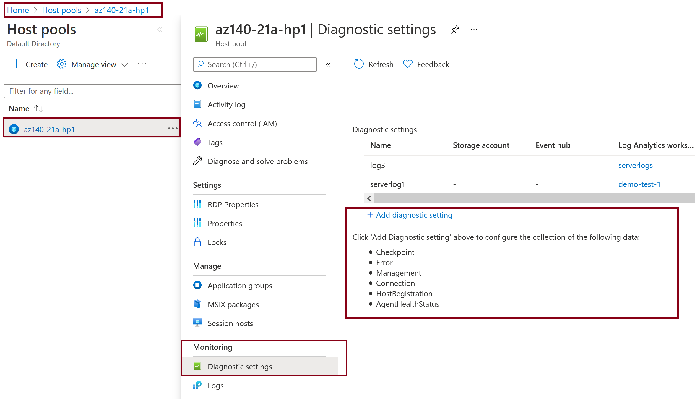 Image showing how to find Azure Virtual Desktop for workbook setting.