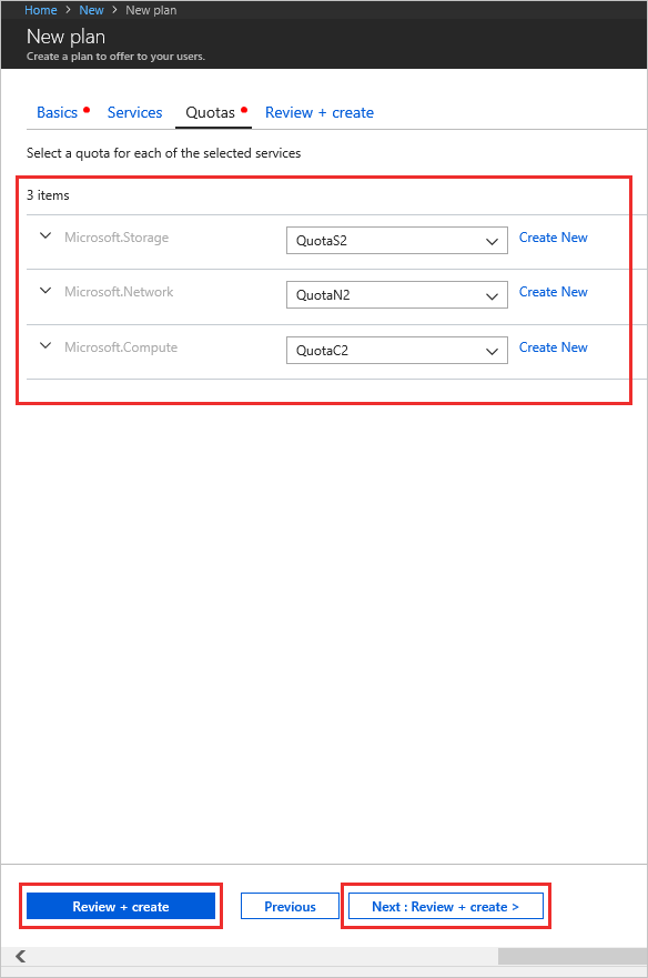 Screenshot that shows how to complete quota assignments for new plan in Azure Stack Hub.