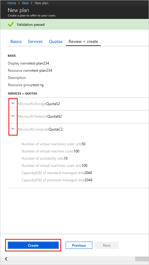 Screenshot that shows how to create the plan in Azure Stack Hub.