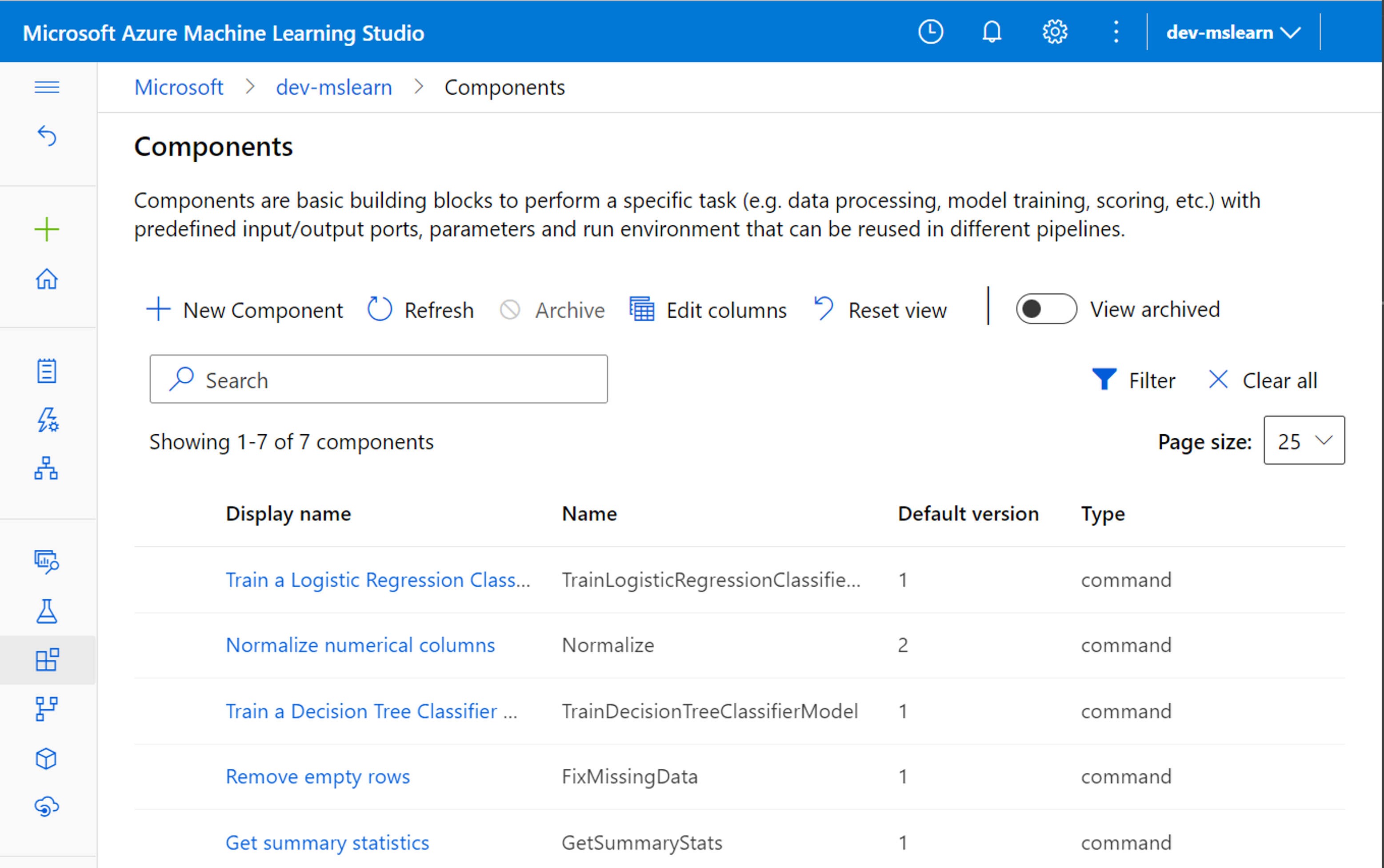 Schermopname van beschikbare onderdelen in de Azure Machine Learning-werkruimte.