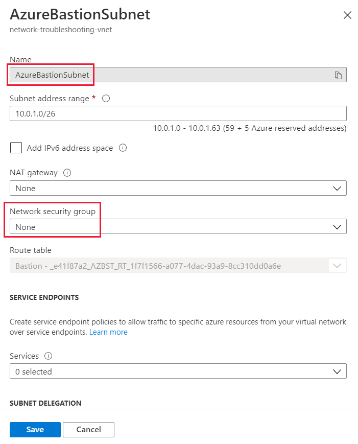 A screenshot showing that the AzureBastionSubnet has no Network Security Group associated with it.