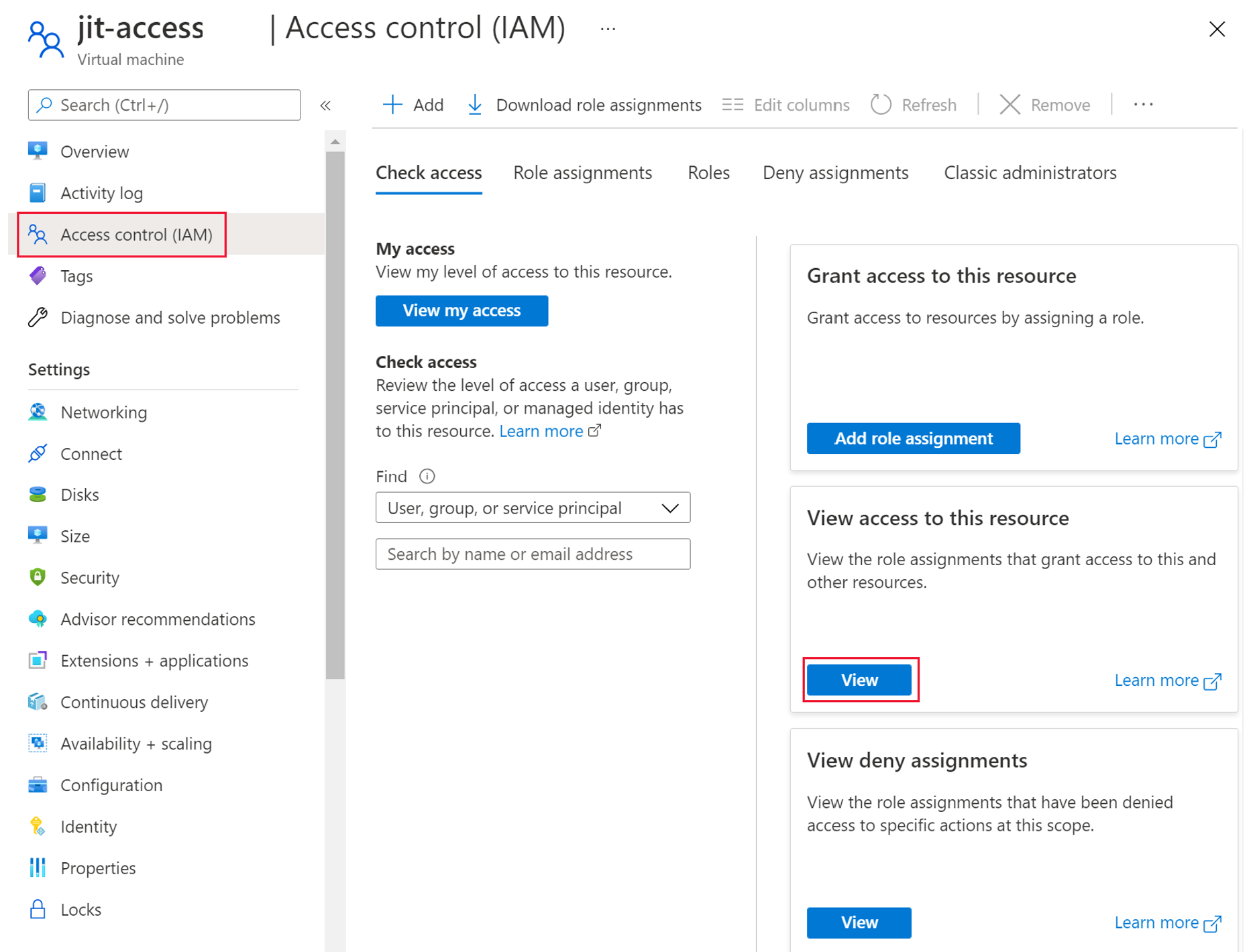 A screenshot showing a VM’s Access control (IAM) settings. The View button for View access to this resource is highlighted.