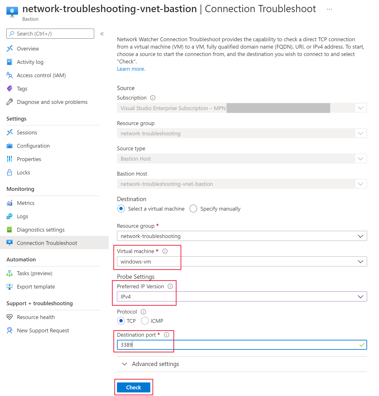 A screenshot of the Azure Bastion connection troubleshooting wizard.