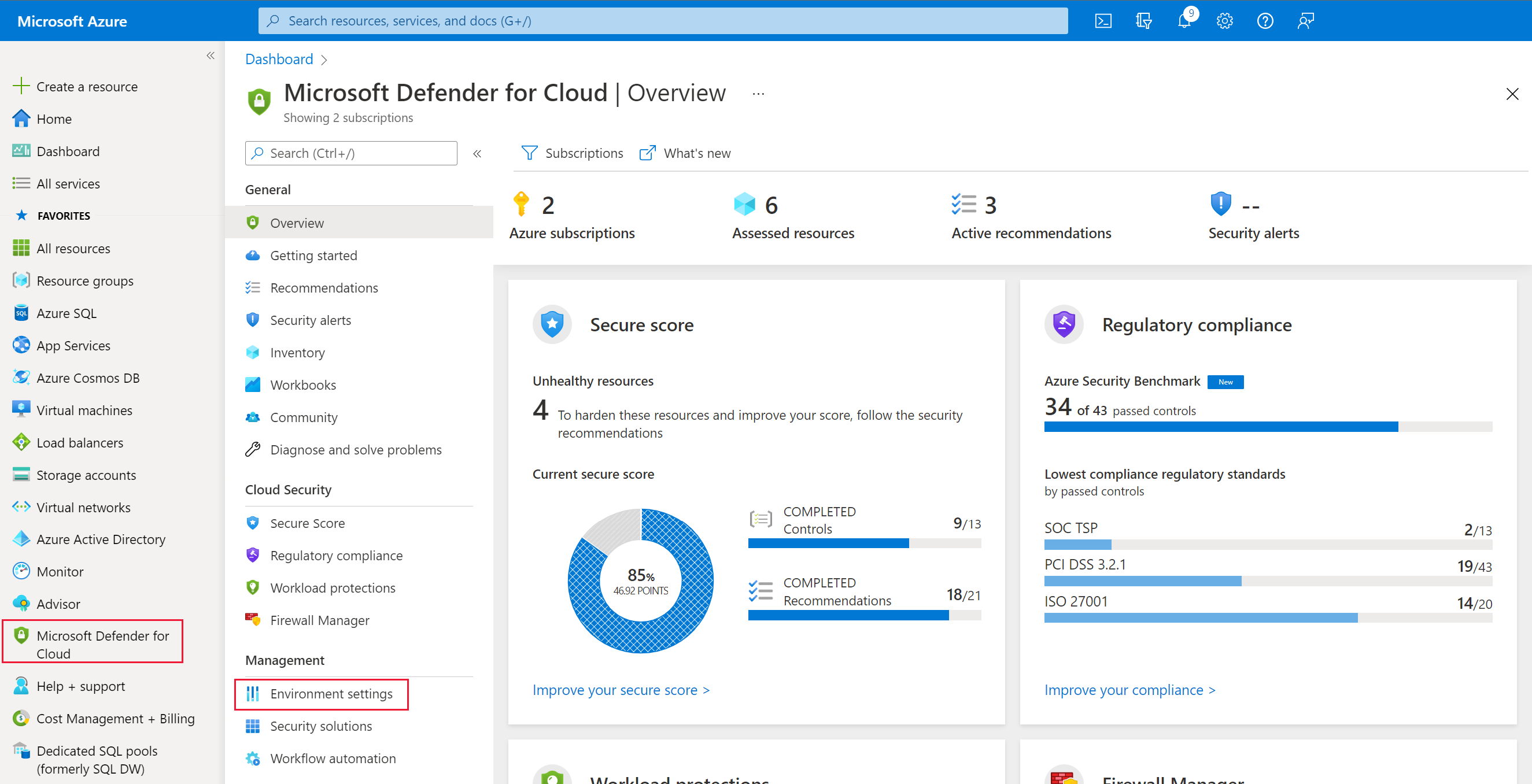 A screenshot of the Azure portal, selecting Microsoft Defender for Cloud, and then Environment settings.