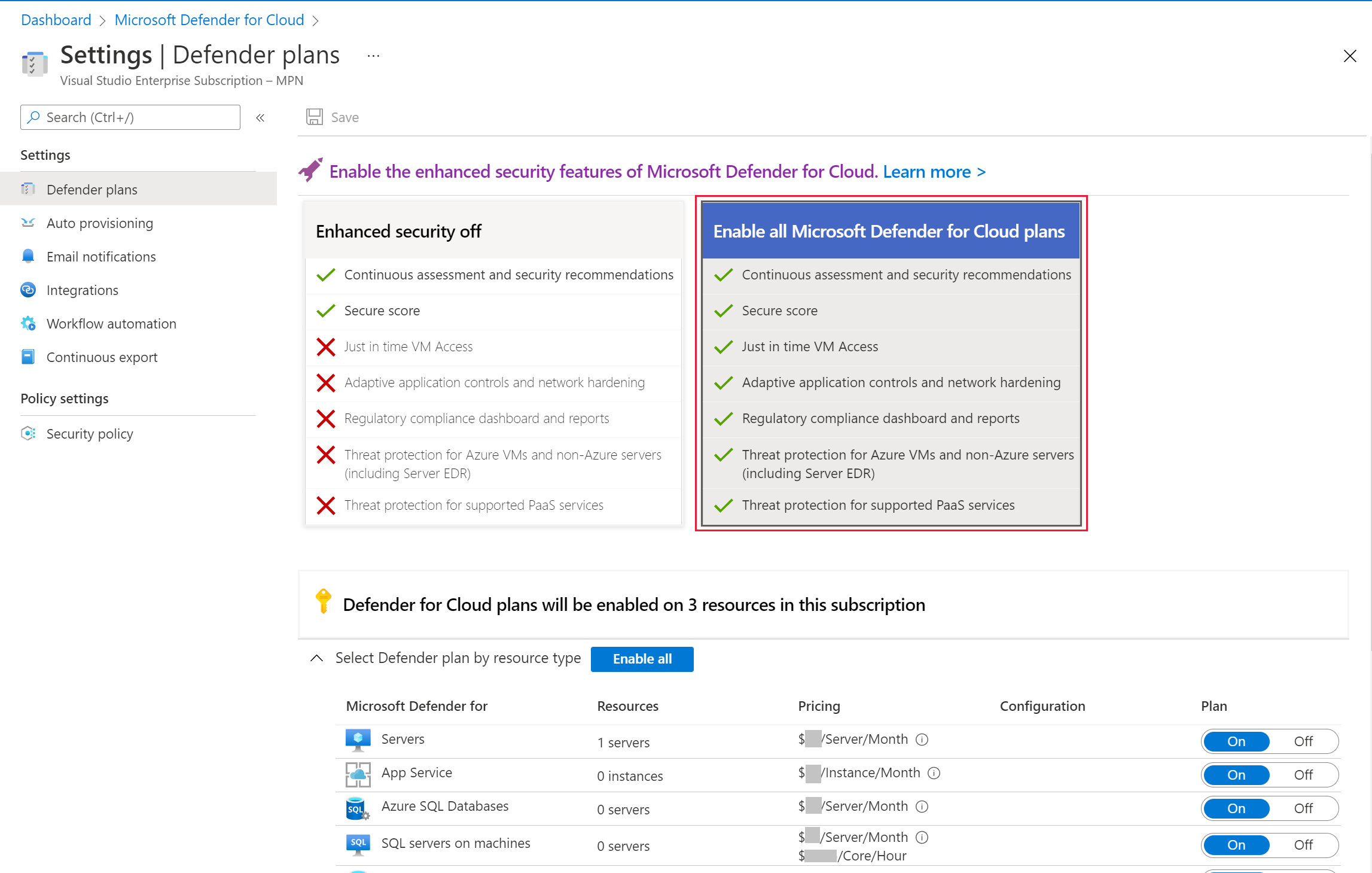 A screenshot showing how to enable all Microsoft Defender for Cloud plans.