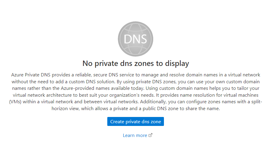 A screenshot showing that no private D N S zones are being used.