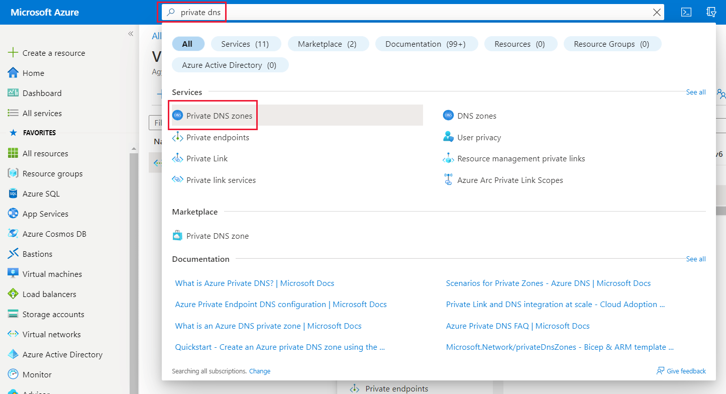 A screenshot of the Azure portal, searching for private D N S, and selecting Private D N S zones.