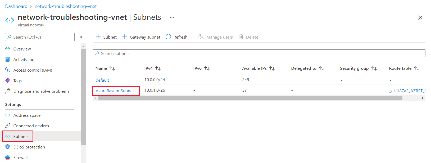 A screenshot of the subnets menu highlighted on the virtual network pane, with the AzureBastionSubnet selected.