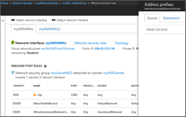 Screenshot showing prefixes for the AzureLoadBalancer service tag.