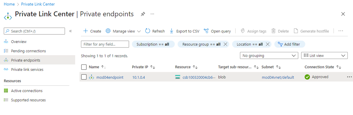 Screenshot of Private endpoints.