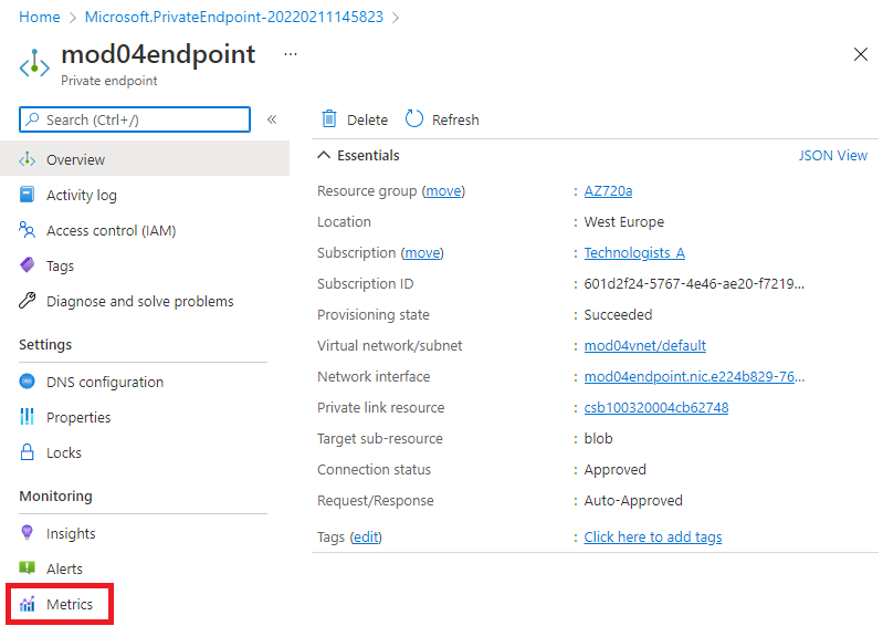 Screenshot showing the private endpoint metrics.