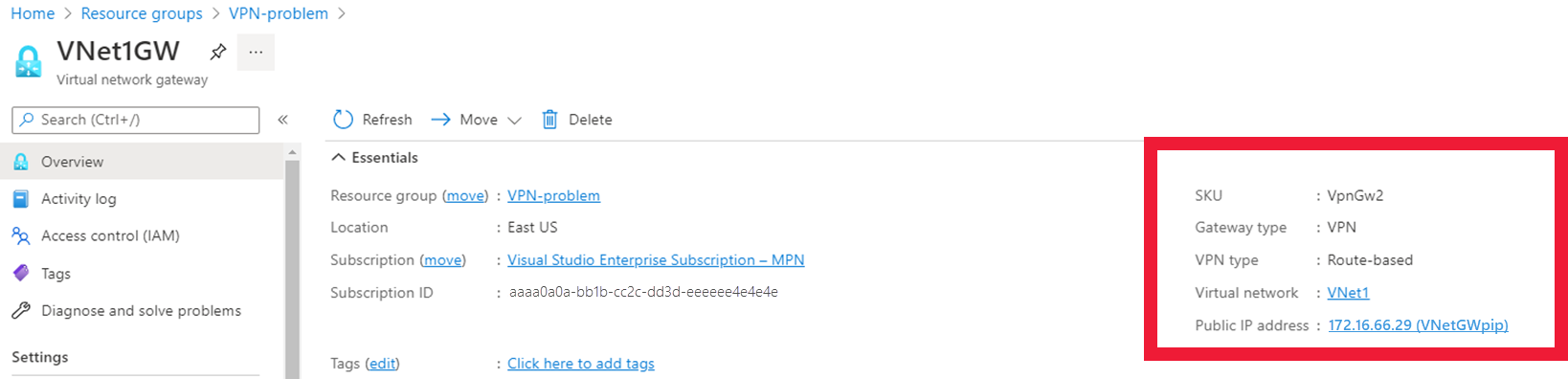Screenshot showing the Gateway and V P N Type.